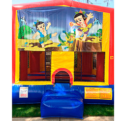 This bounce house is available in 15'x15' or 13'x13' and both have a basketball hoop inside.